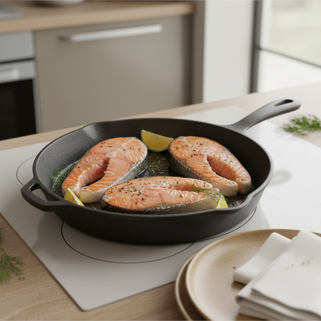 Salmon doneness levels in a skillet showing opaque edges and moist center
