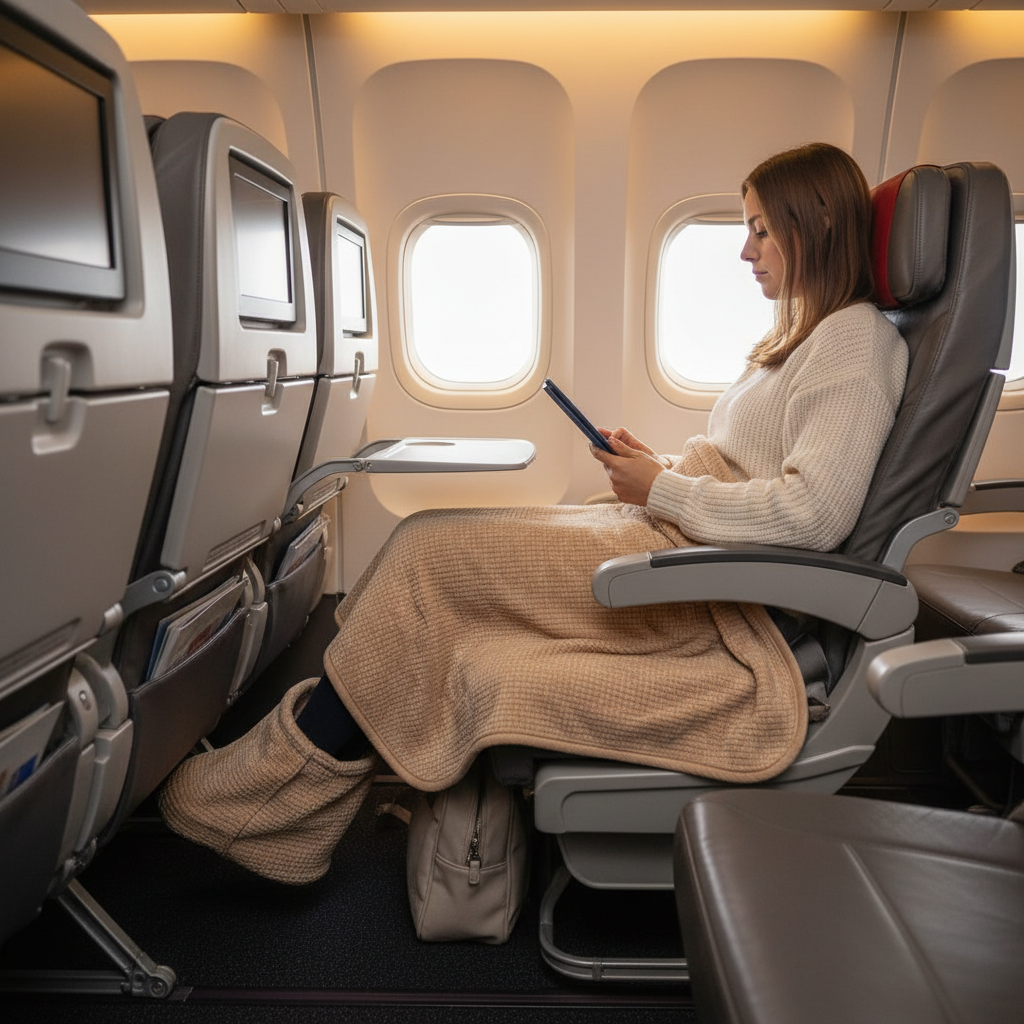 Airplane passenger using a travel blanket with foot pocket in economy seat