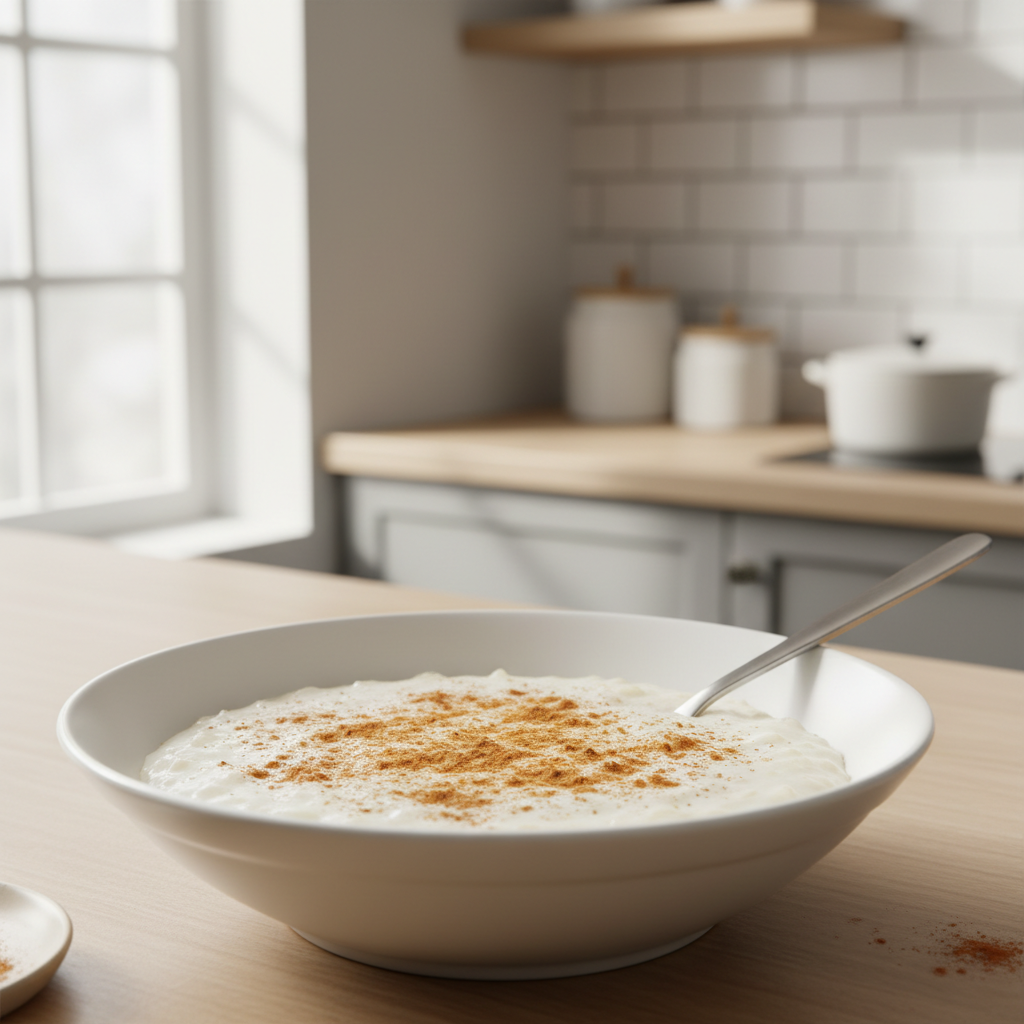 Creamy rice pudding in a bowl with cinnamon and a spoon