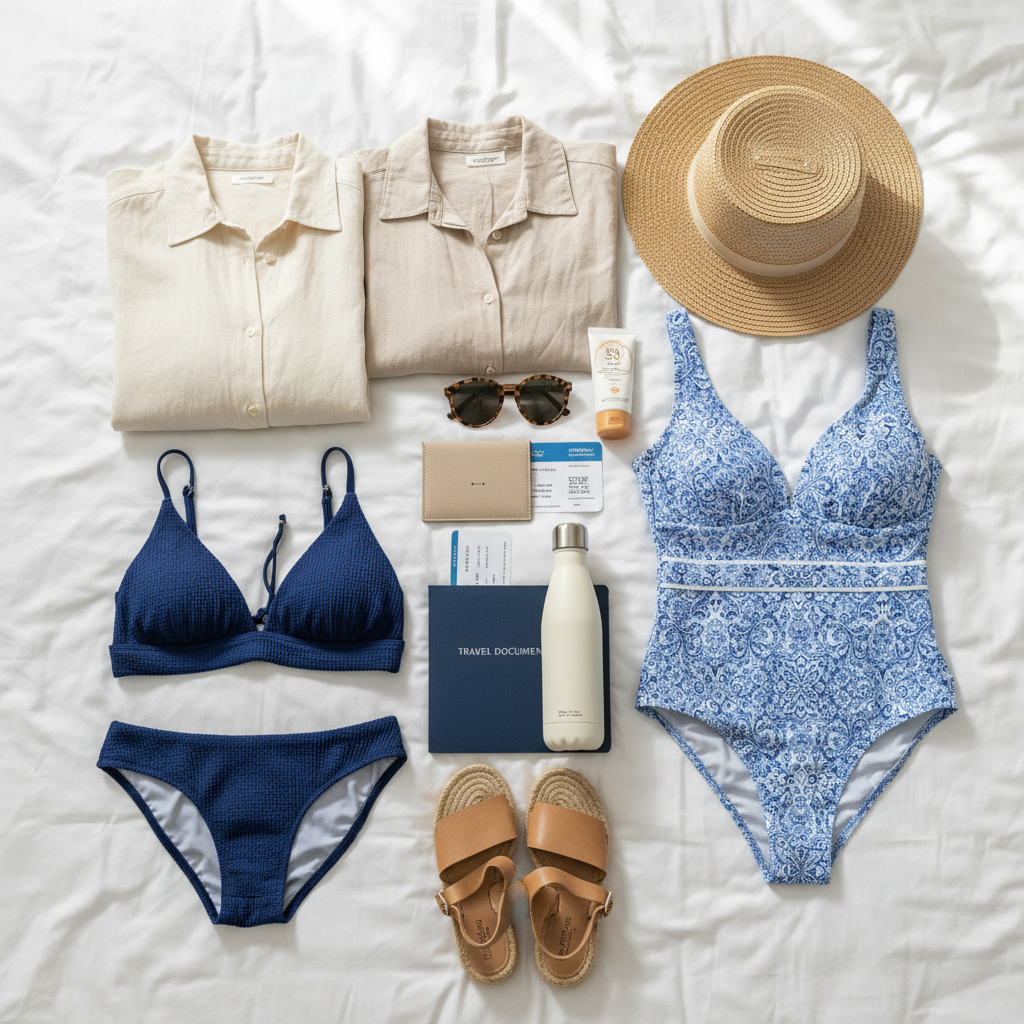 Summer packing flat lay for Greece vacation essentials