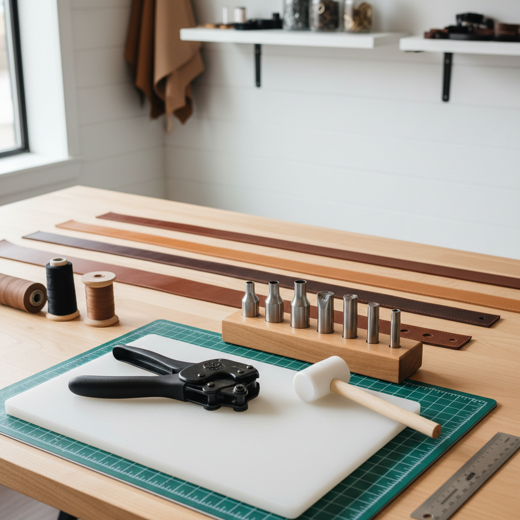 Leather hole punch tools on a workbench for leather crafts
