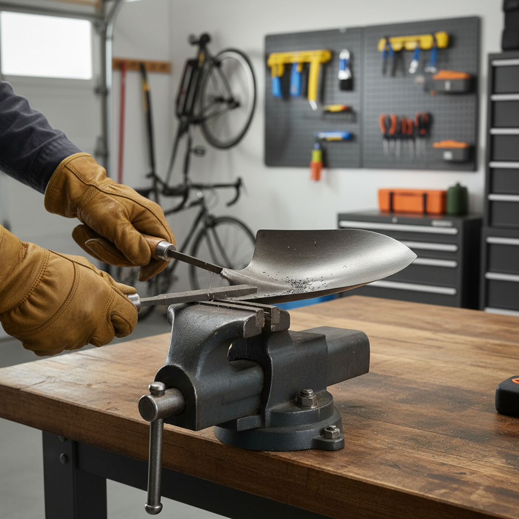 Sharpening a shovel edge with a mill file clamped on a workbench