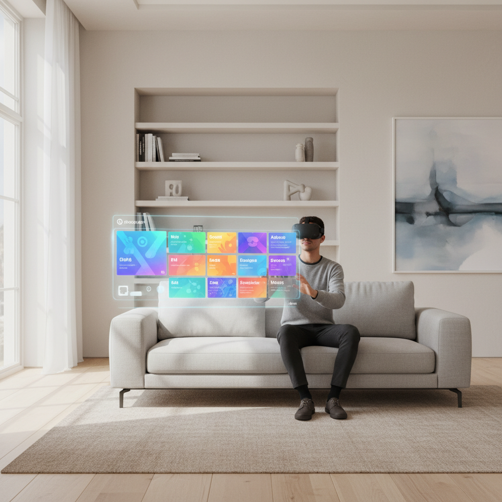 Oculus Quest 3 player browsing a curated VR game library in a modern living room