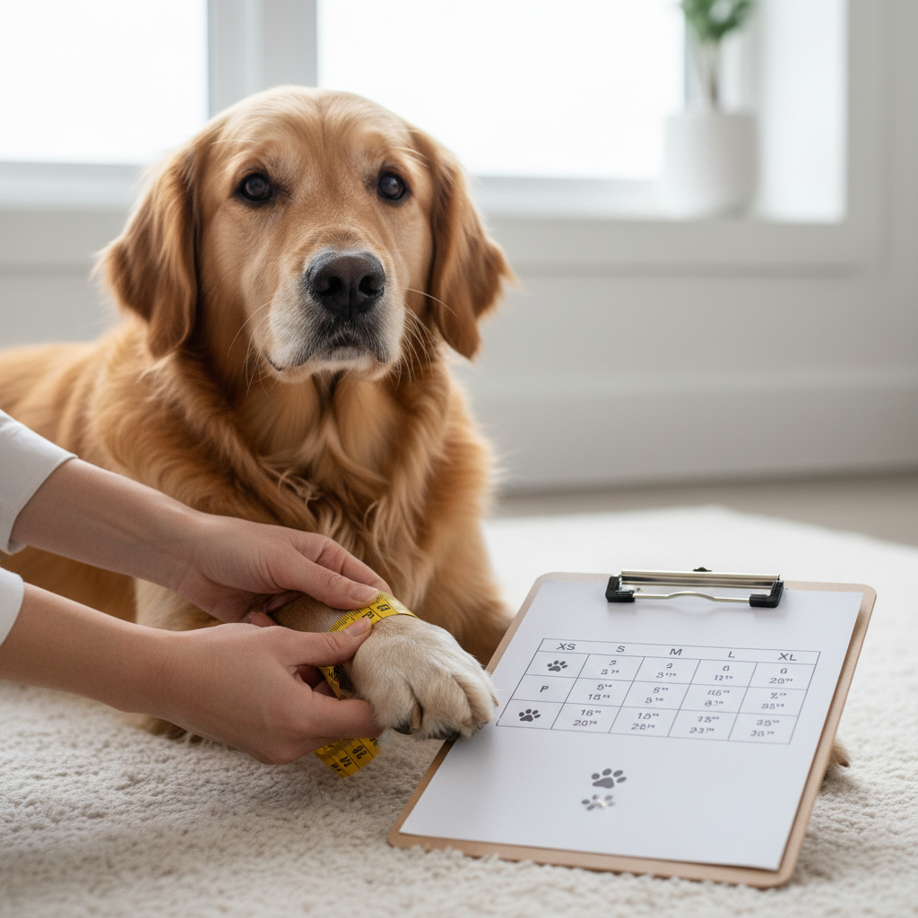 Owner checking dog paw pad condition and measuring paw for boot sizing