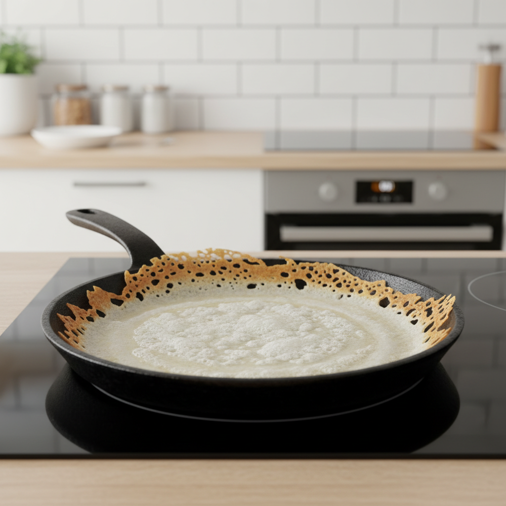 Thin crispy dosa on a cast iron skillet with golden edges