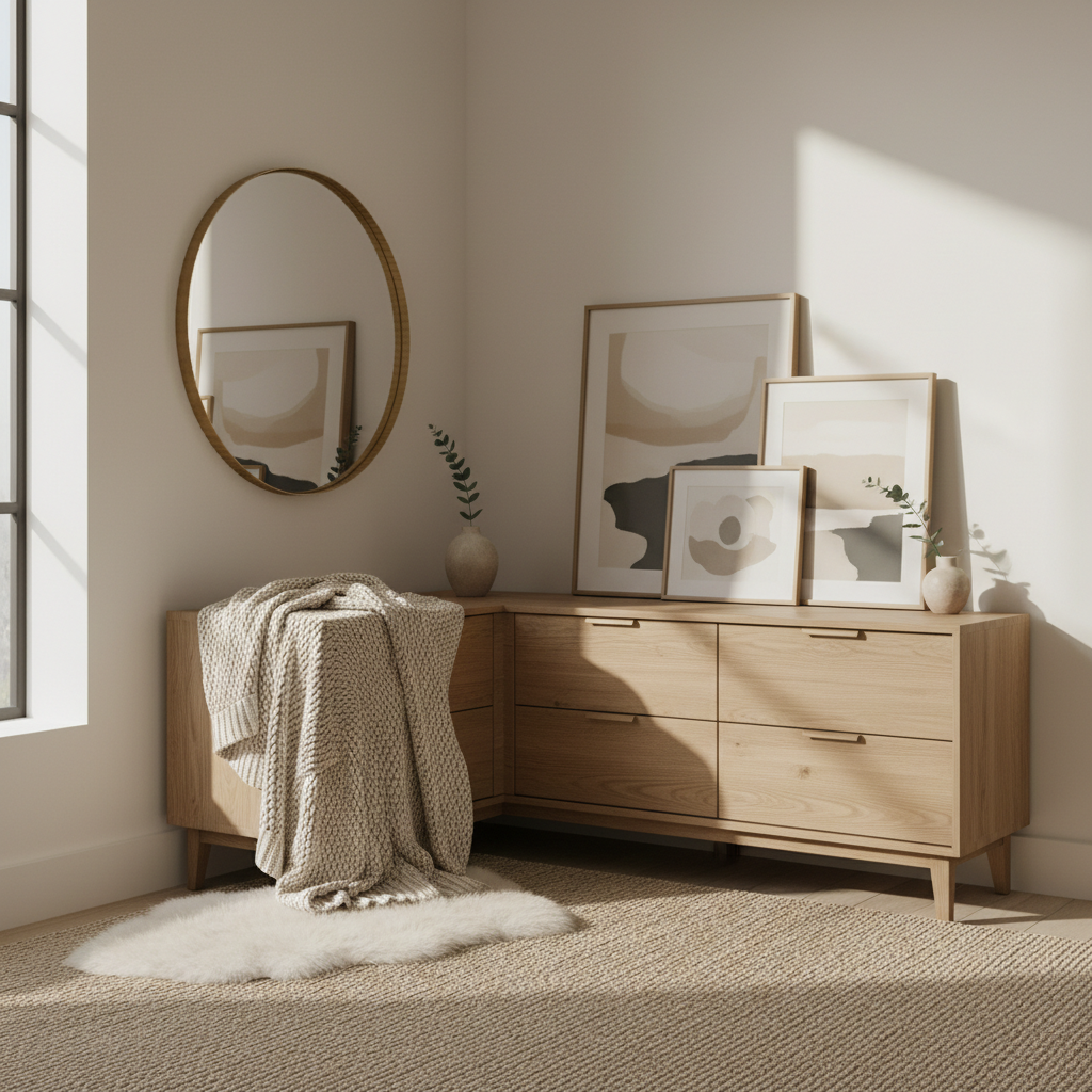 Bedroom corner styled with leaning framed art on a dresser, renter friendly decor
