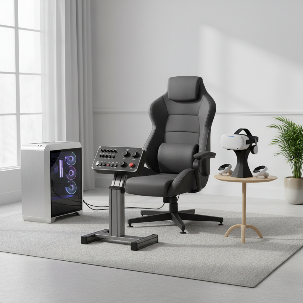 Seated VR train sim setup with wheel stand and controllers