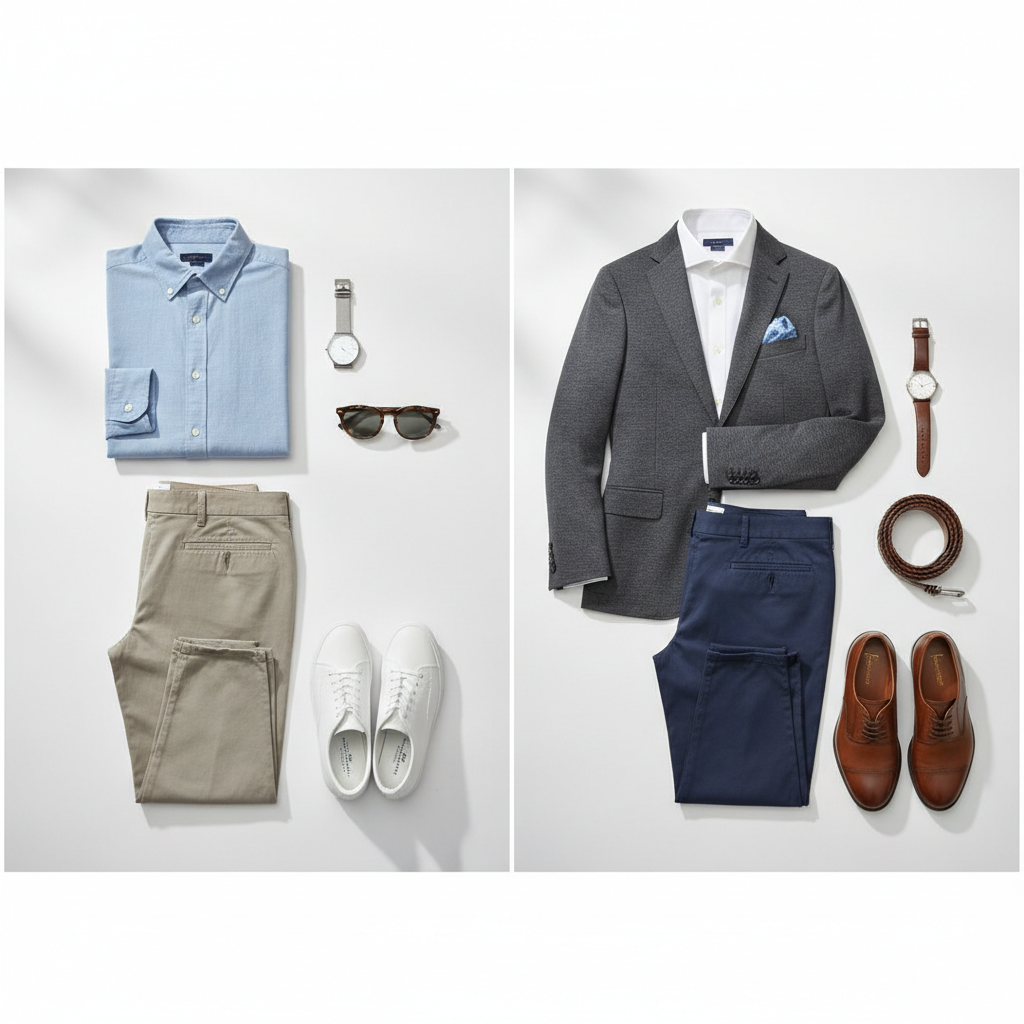 Men’s slim fit chinos outfit ideas with sneakers and loafers