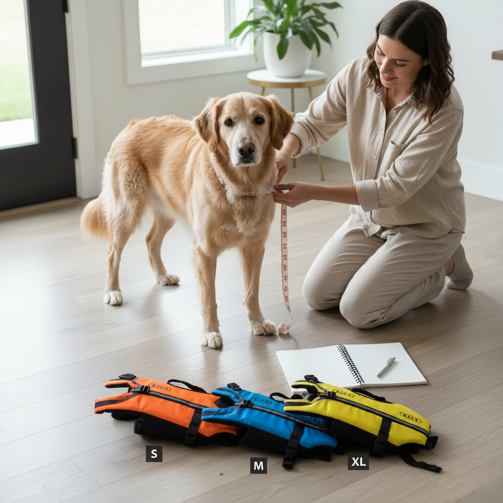 Measuring a dog for the right life jacket fit at home