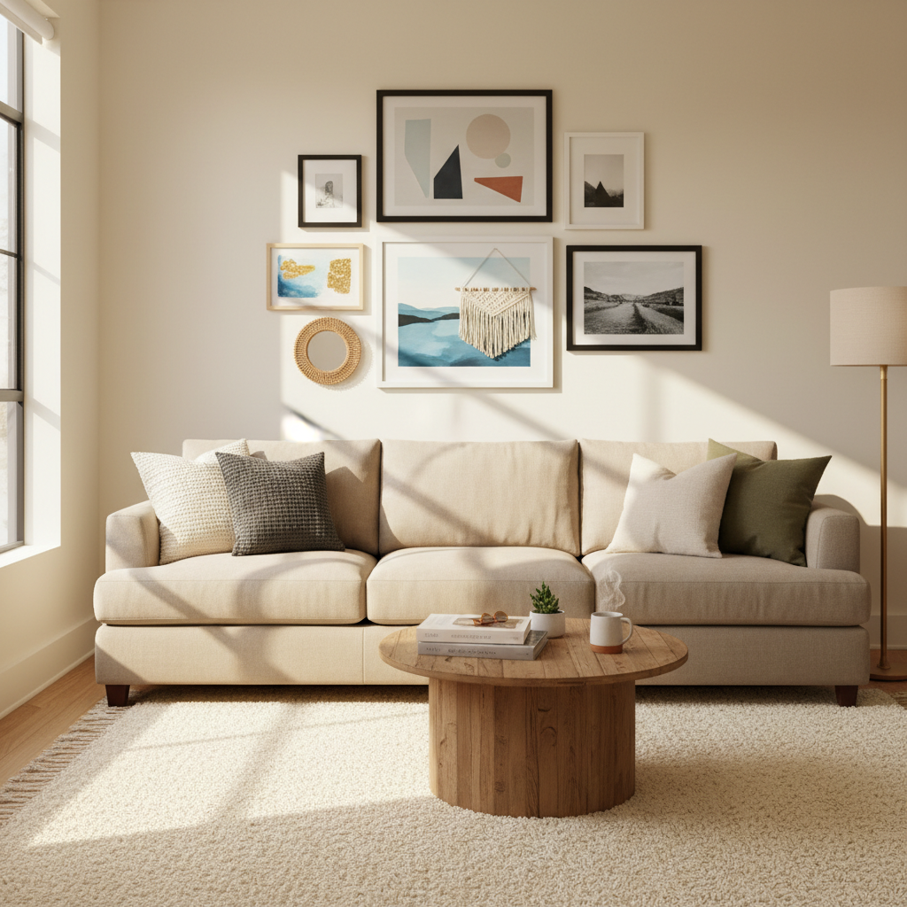Cozy living room wall art gallery above sofa on a budget