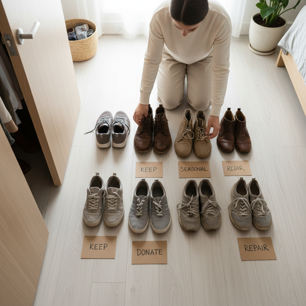 Sorting shoes into keep, seasonal, and donate piles for small closet organization