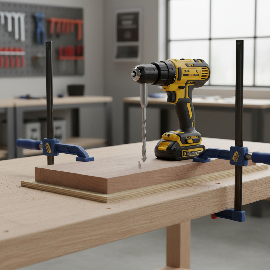Wood clamped with backing board to prevent tear-out when drilling with spade bit