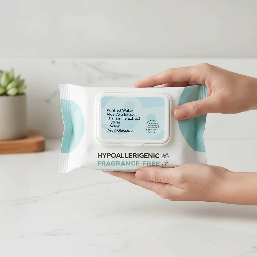 Reading pet grooming wipe ingredient label for hypoallergenic claims