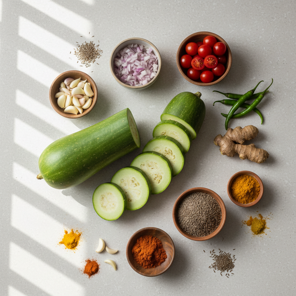 Fresh bottle gourd and Indian spices ready for lauki sabzi