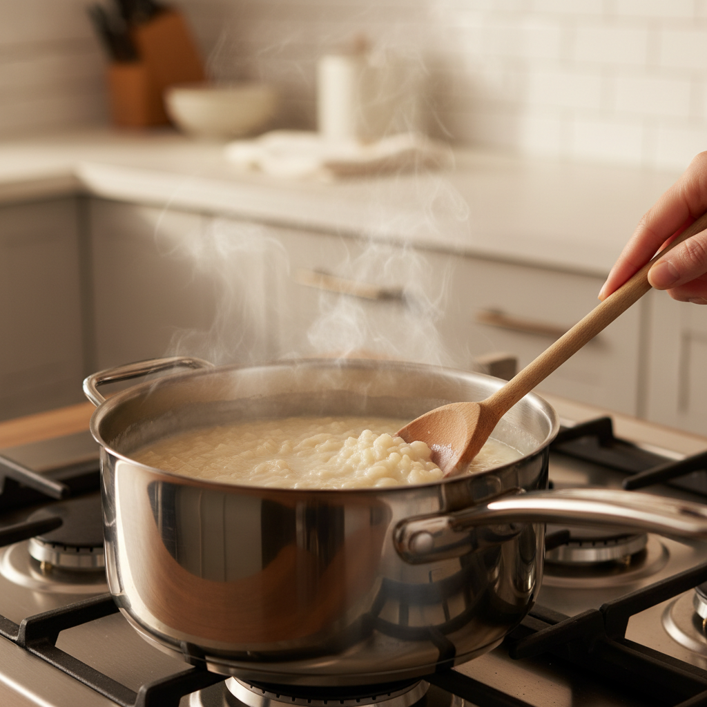 Stovetop saucepan with rice pudding gently simmering and wooden spoon stirring