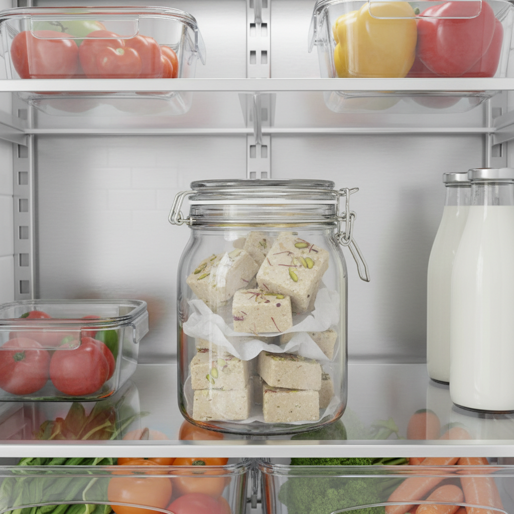 Mawa barfi stored in an airtight container in a refrigerator