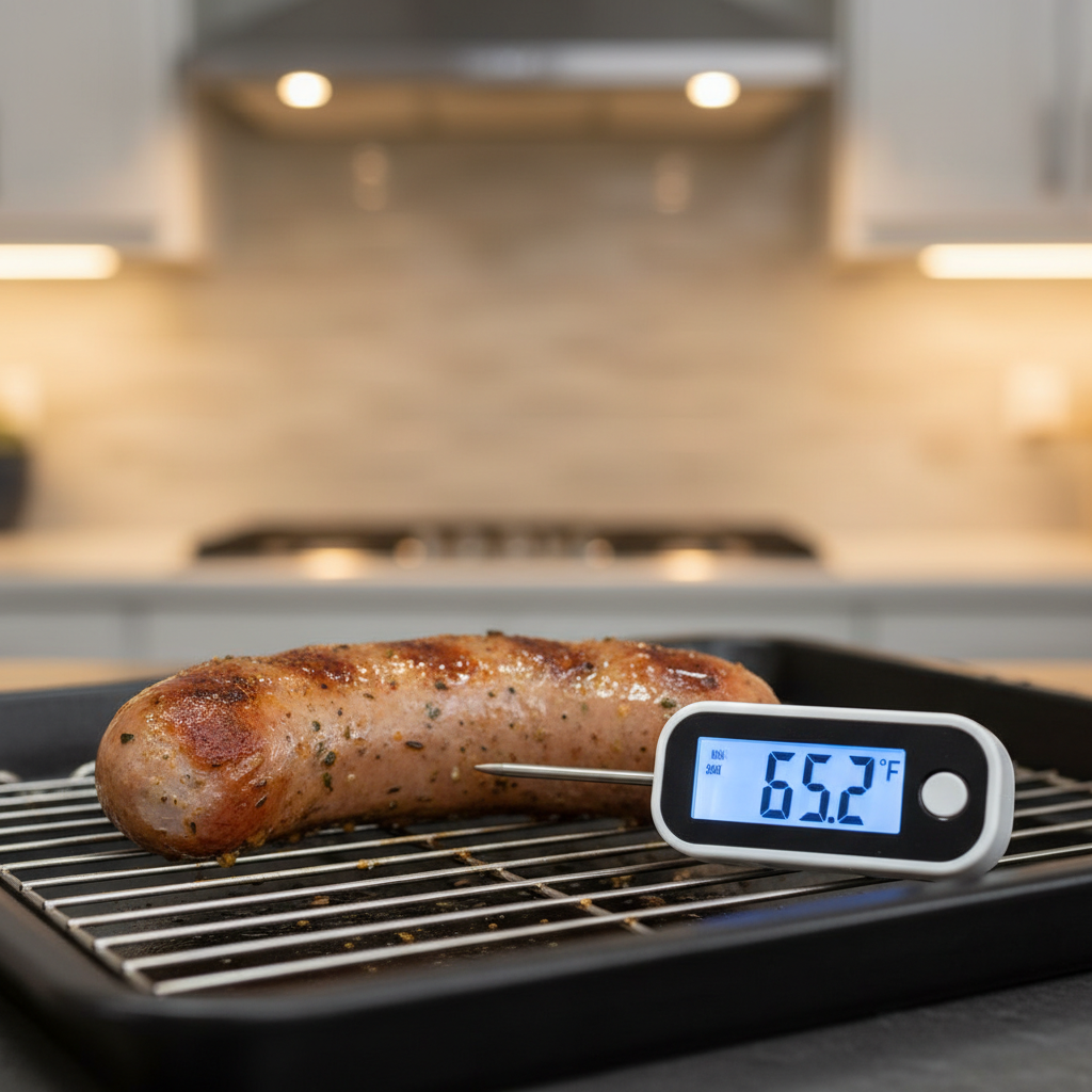 Instant-read thermometer checking internal temperature of baked sausage