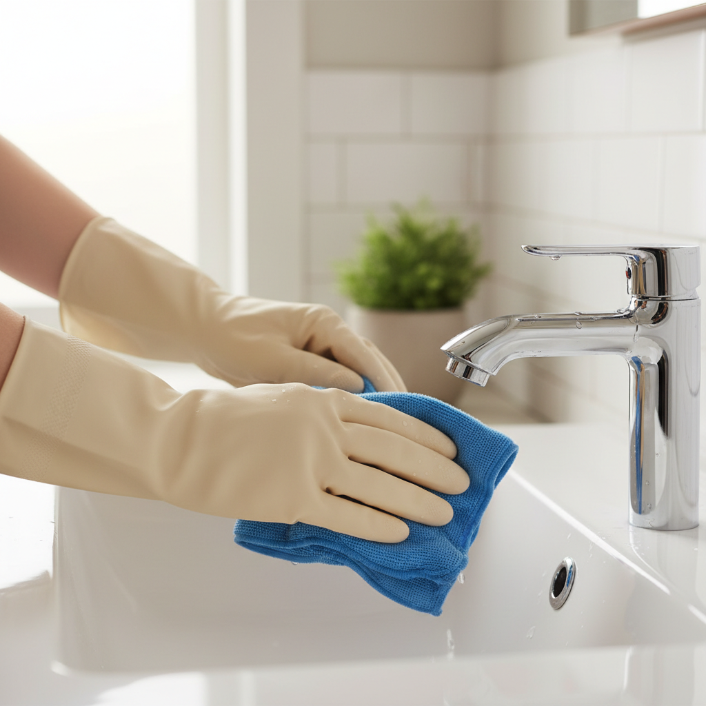 Wiping and drying chrome bathroom faucet to prevent rust stains