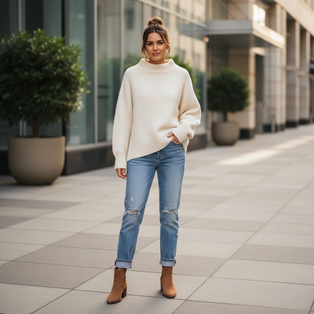 Woman wearing an oversized sweater with balanced proportions and jeans