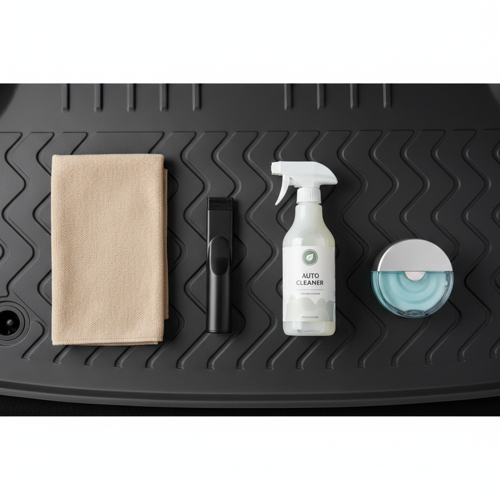 Car cleaning supplies and gel air freshener for odor removal and refresh routine