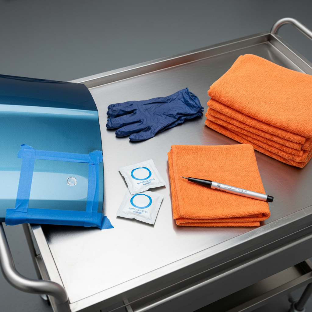 Step-by-step setup for car touch up paint repair with tape, alcohol wipe, and microfiber
