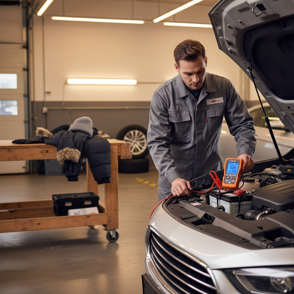Mechanic performing a battery load test with a handheld tester in a garage