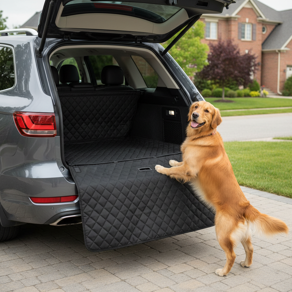 SUV cargo area protected by a dog cargo liner with bumper flap