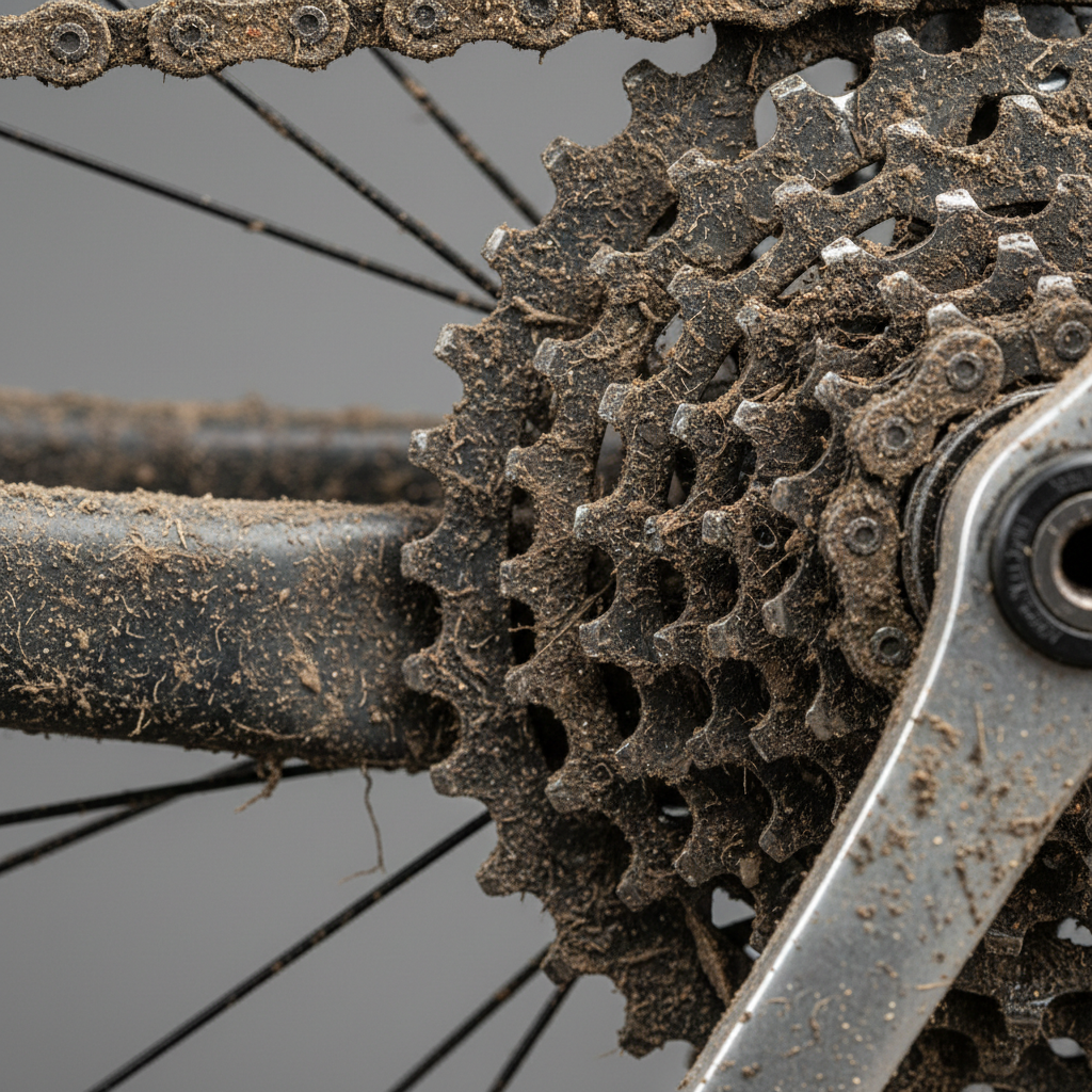 Close-up of drivetrain dirt on bike chain and cassette showing gritty buildup