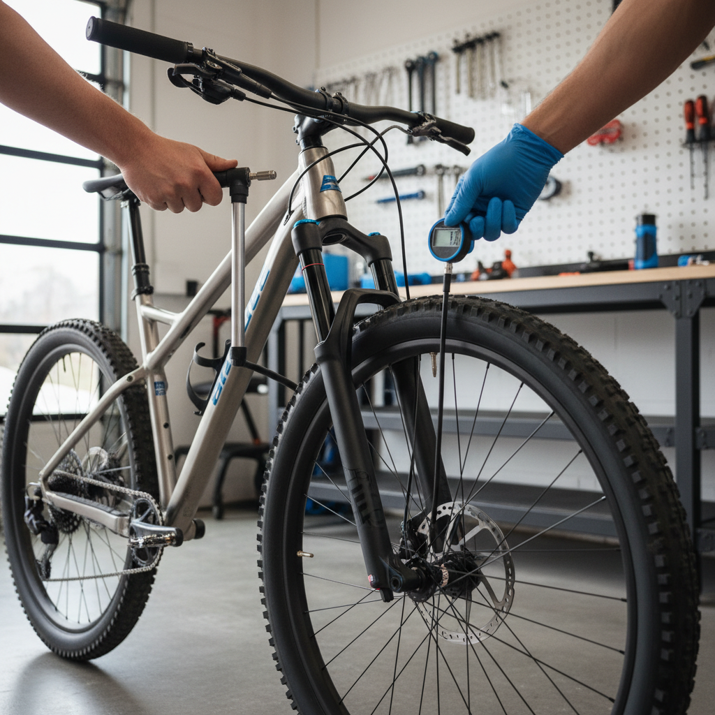 Beginner mountain bike setup with tire pressure gauge and suspension pump