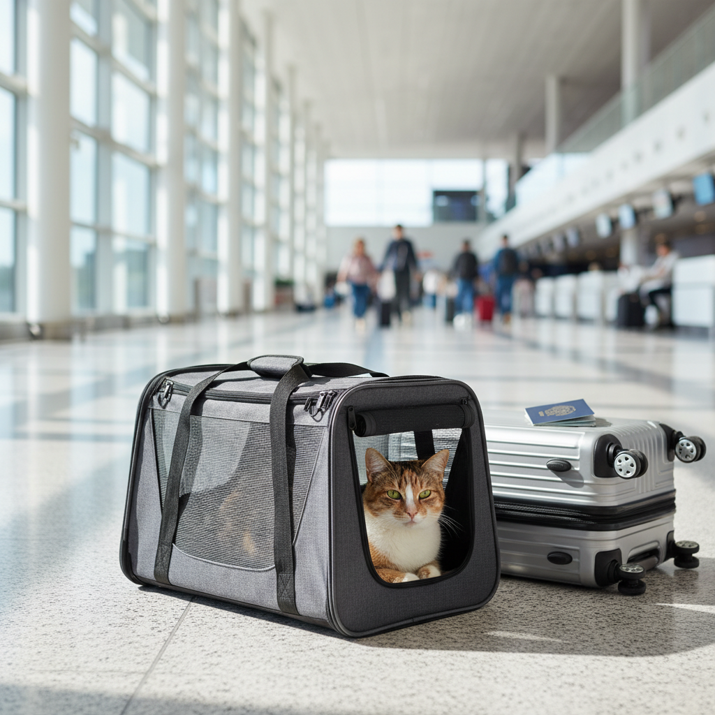 Cat in a soft-sided travel carrier on an airport terminal floor near rolling luggage