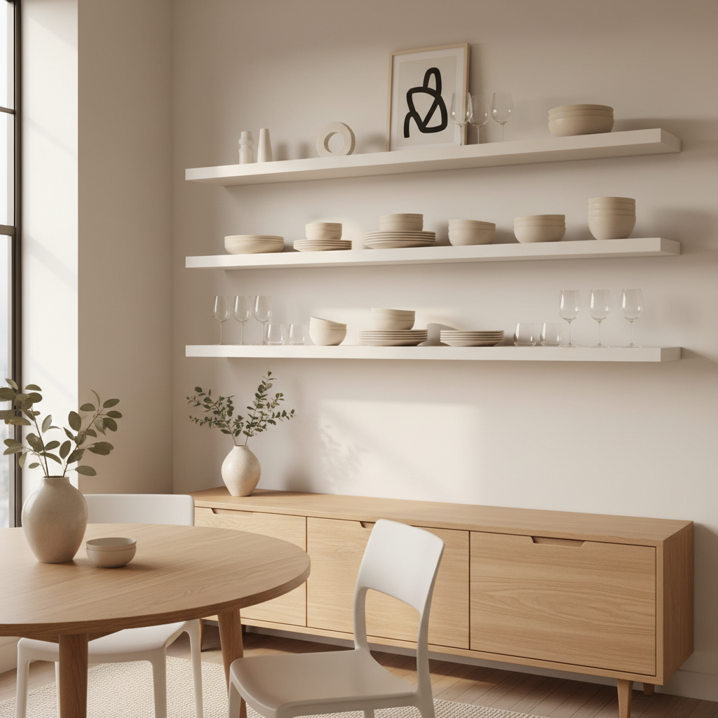 Slim sideboard and wall shelves for small apartment dining storage
