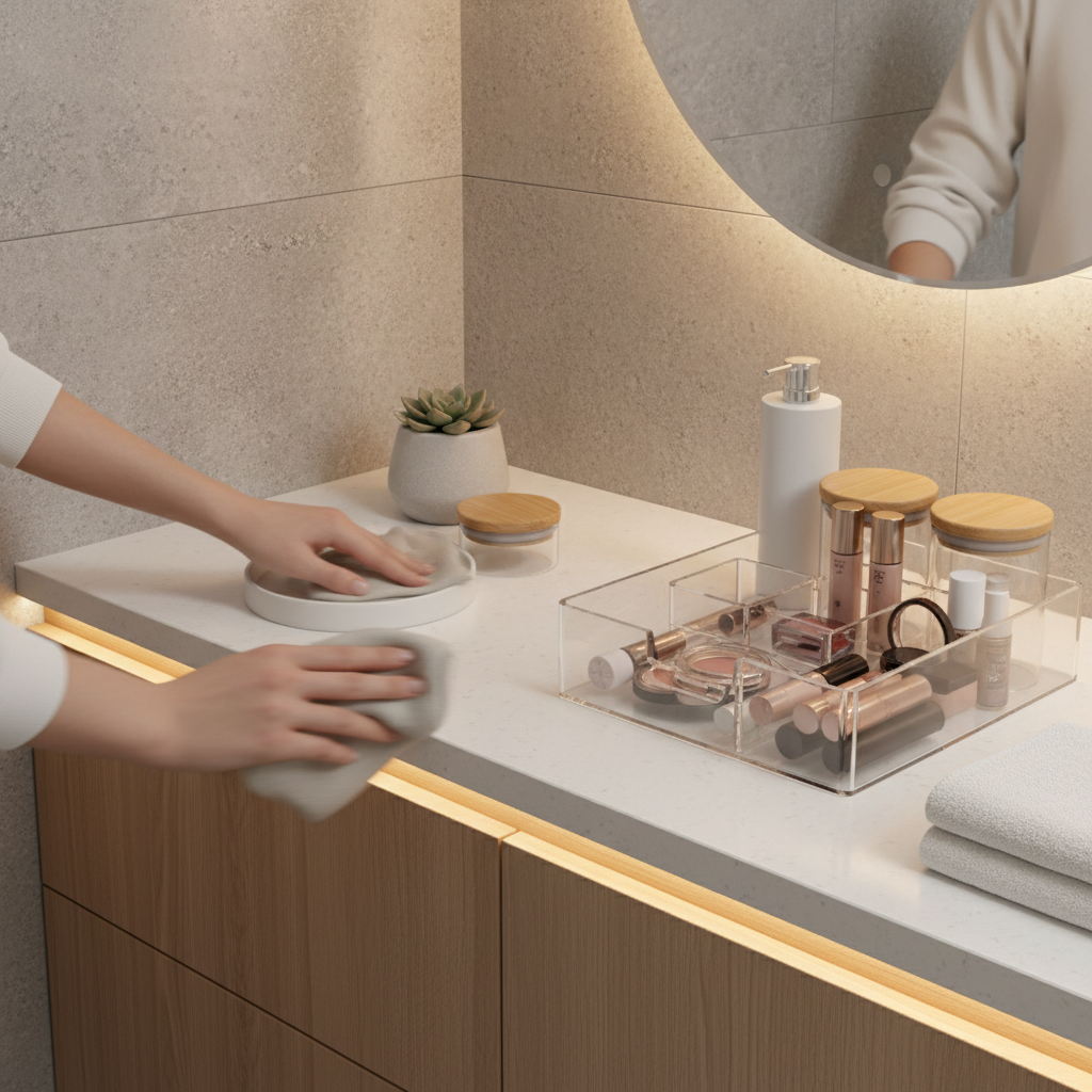 Five-minute makeup reset routine in a small bathroom vanity