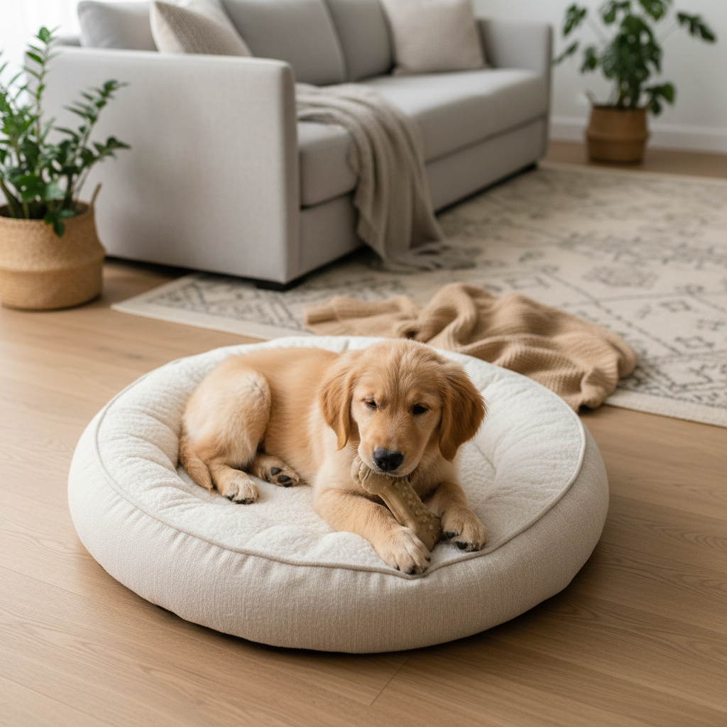 Puppy relaxing with a chew toy during a calm-down routine to prevent whining