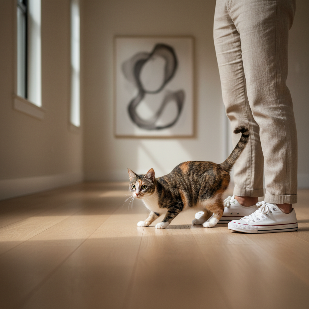 Cat stalking and pouncing near a person’s feet in a hallway