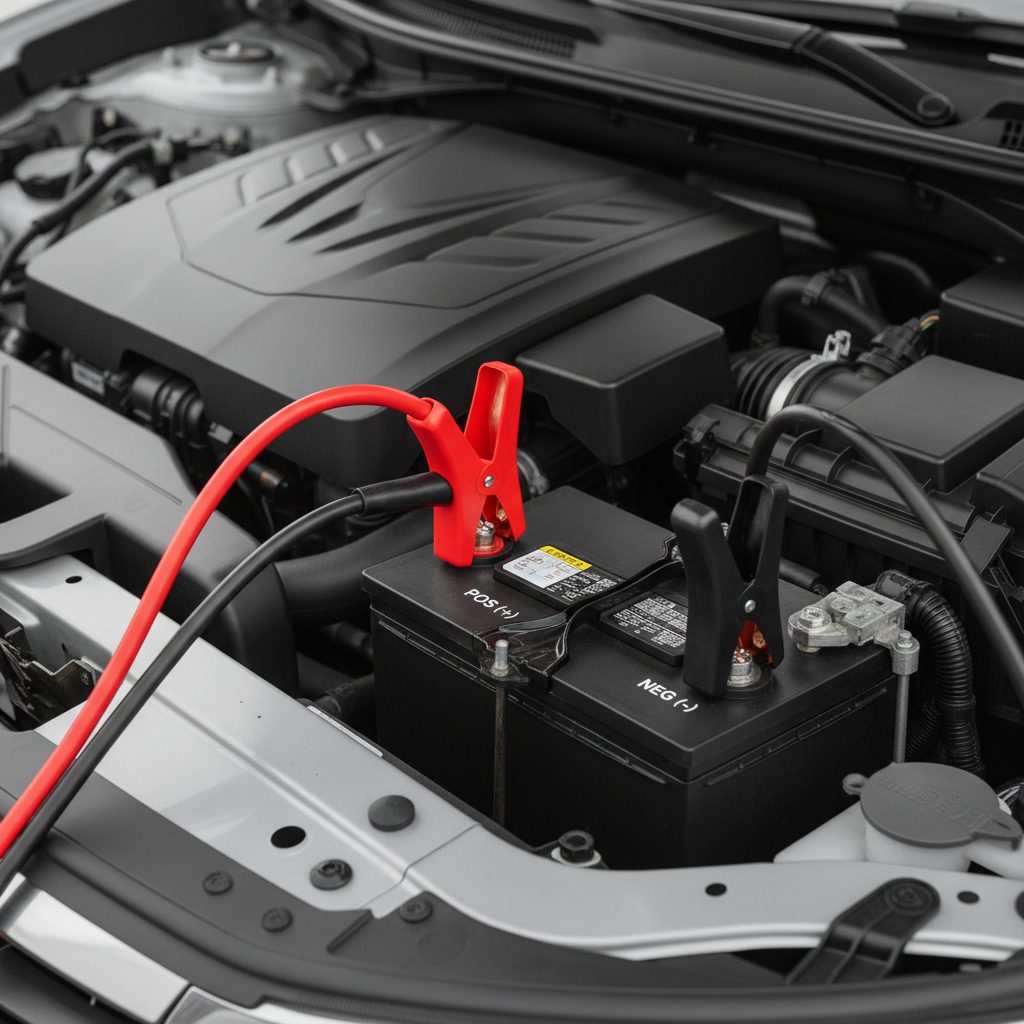 Step-by-step safe clamp connection on a 12V car battery with labeled terminals