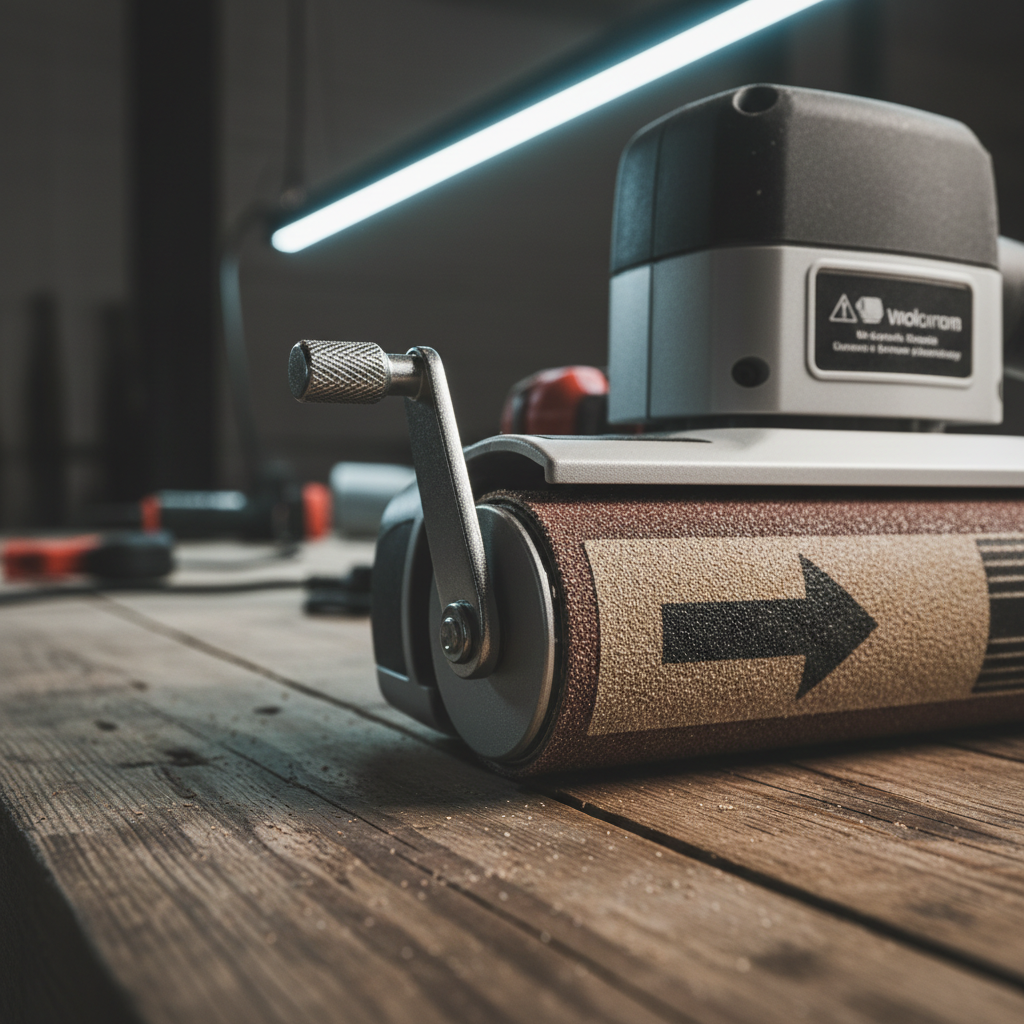 Belt sander tension lever and sanding belt direction arrow close-up