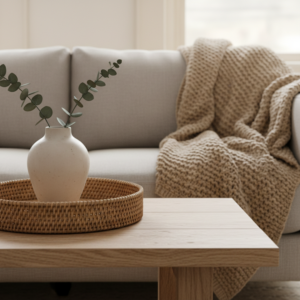 Close-up of affordable textured decor: woven tray, ceramic vase, knit throw on sofa