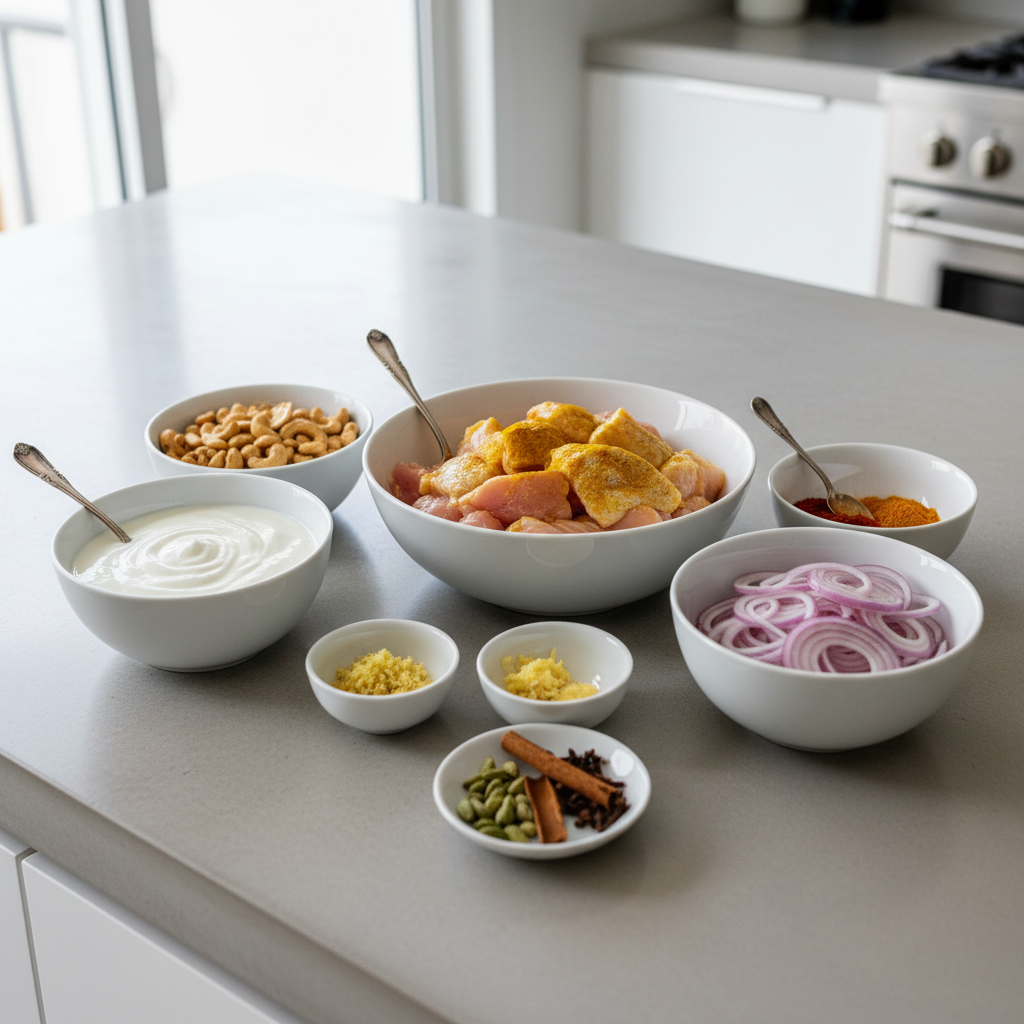 Chicken korma ingredients laid out: yogurt, cashews, spices, onions, ginger, garlic