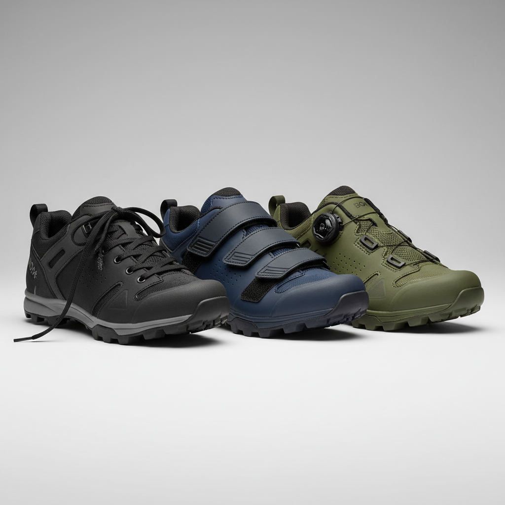 Mountain bike shoe closure comparison showing laces, Velcro straps, and BOA dial systems