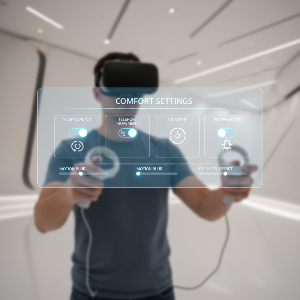 VR comfort settings menu with snap turn and vignette toggles