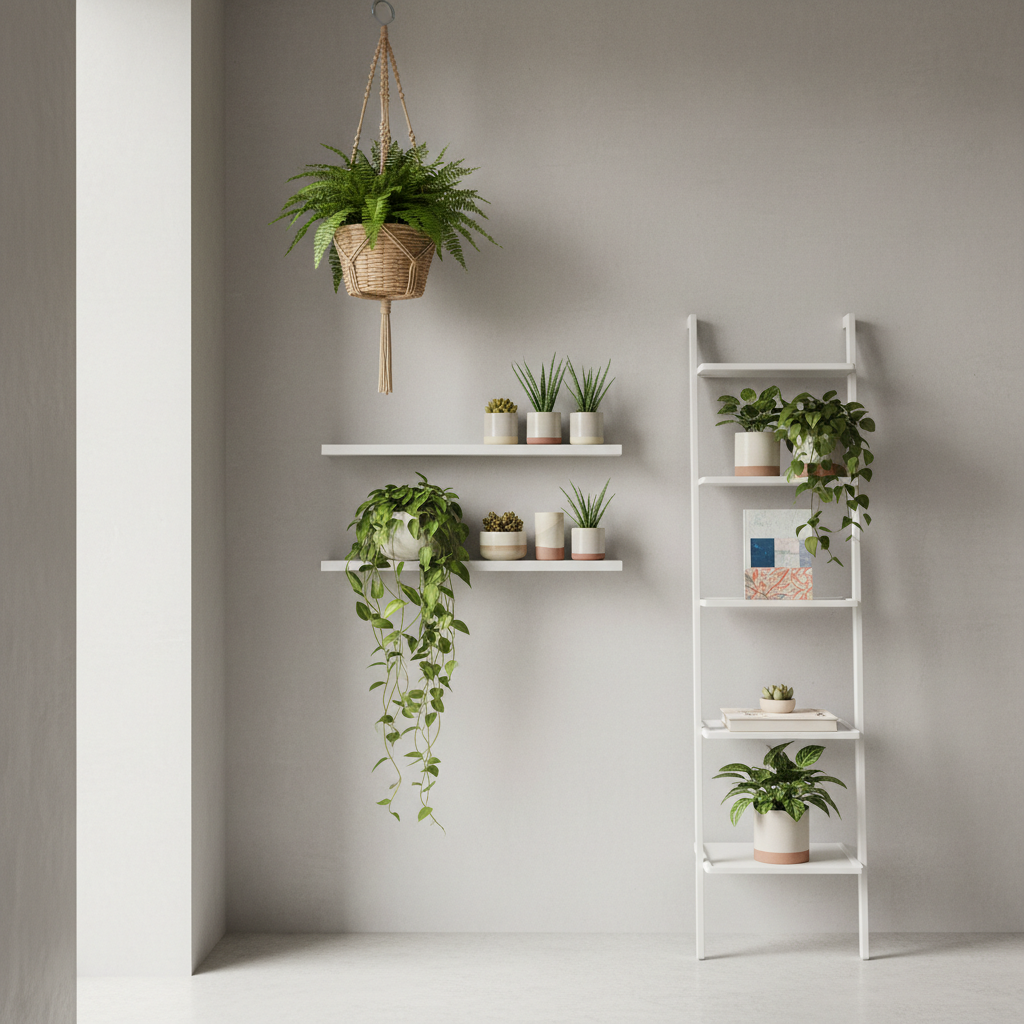 Vertical plant styling in a small apartment with hanging planters and floating shelves