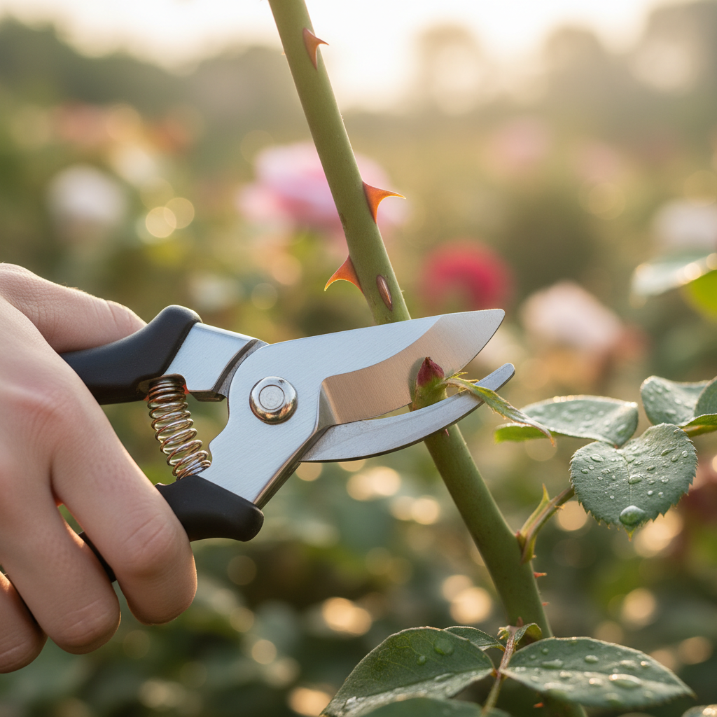 Hand pruning shears making a clean angled cut on a rose cane