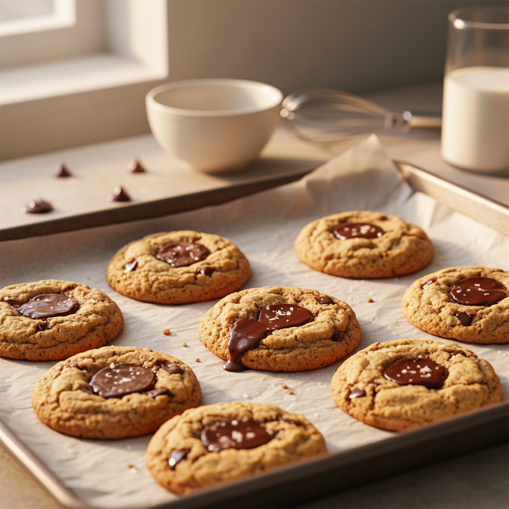 Soft chocolate chip cookies with chewy centers on a baking tray