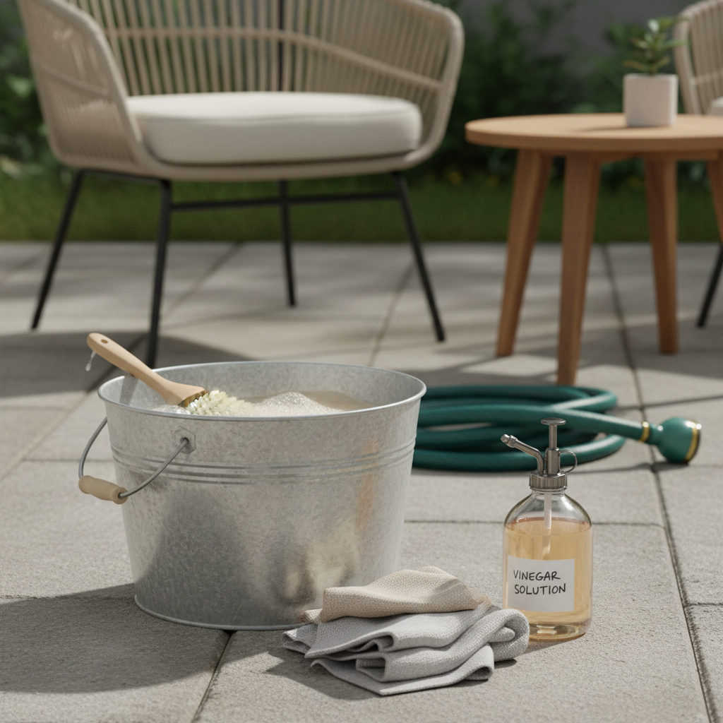 Budget outdoor furniture cleaning setup with bucket, brush, and mild soap