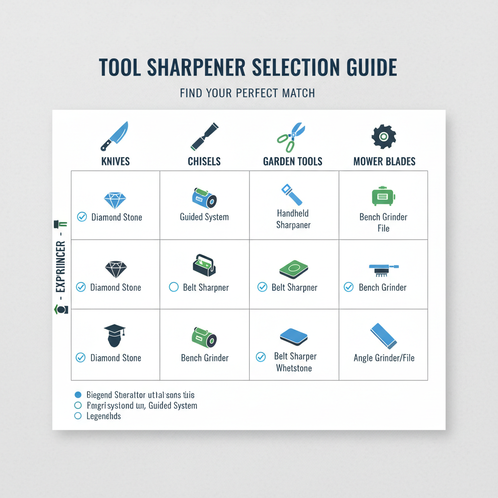 Decision checklist for choosing a tool sharpener by tool type and skill level
