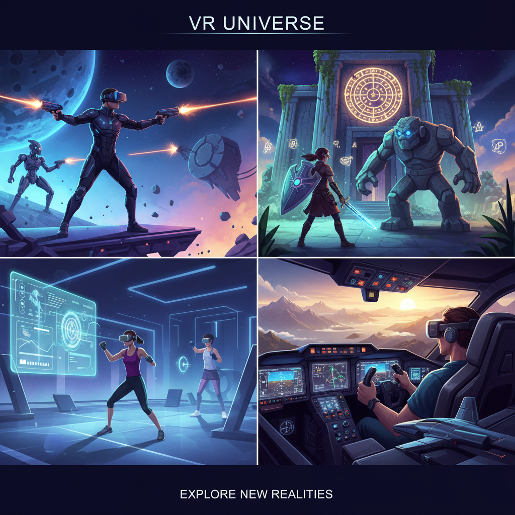 Stylized montage of VR genres: shooter, adventure, fitness, and simulation in a modern layout