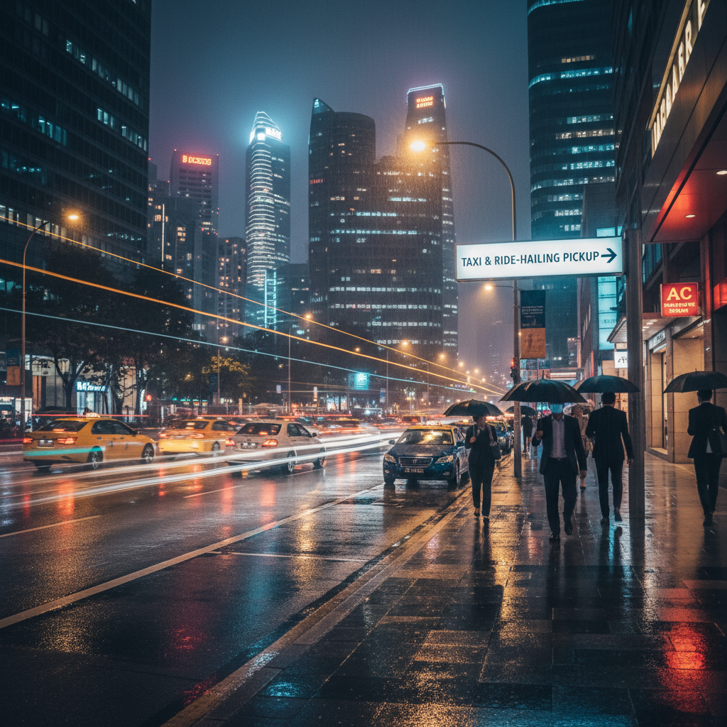 Taxi and ride-hailing pickup area in Singapore during light rain at night