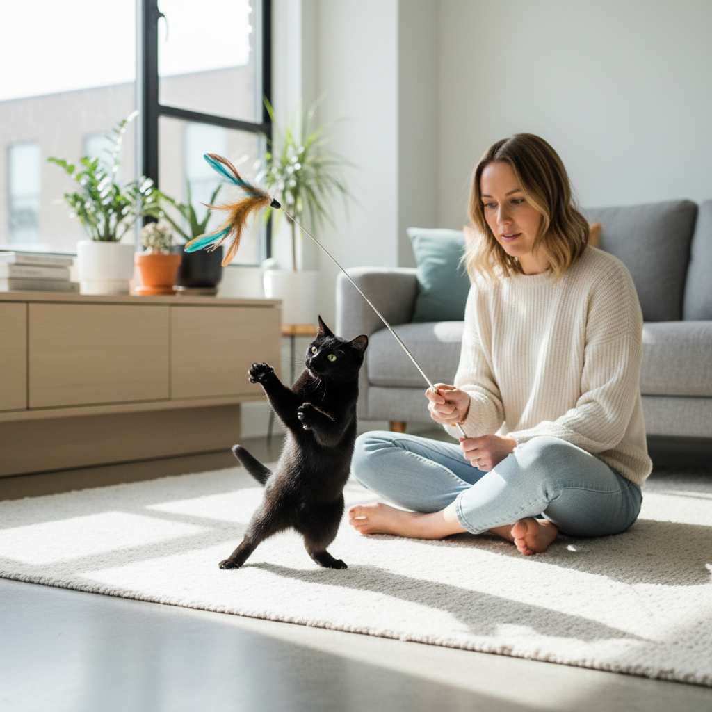 Owner using a wand toy to redirect cat play away from feet