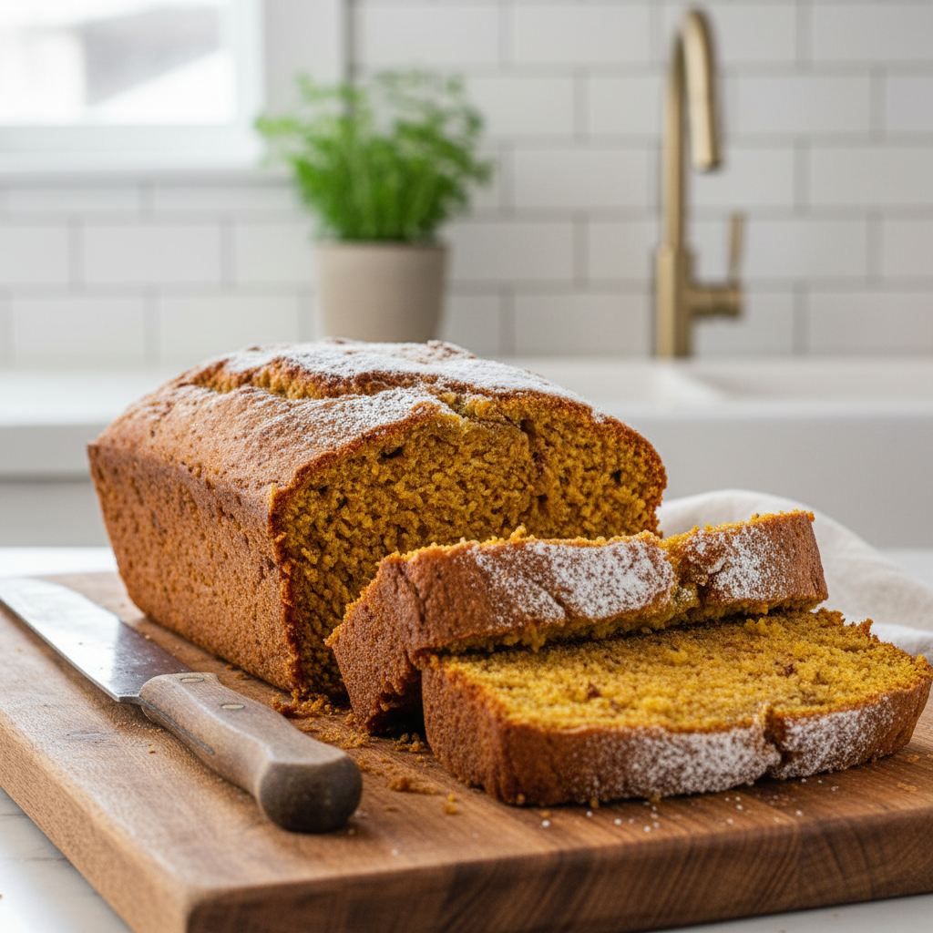 Moist pumpkin bread loaf sliced on a cutting board