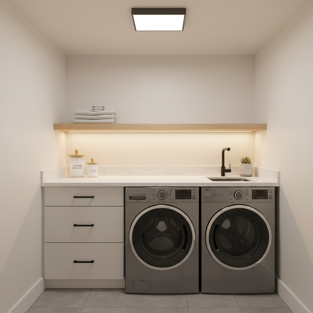 Bright laundry room lighting with under-shelf LED and light paint color